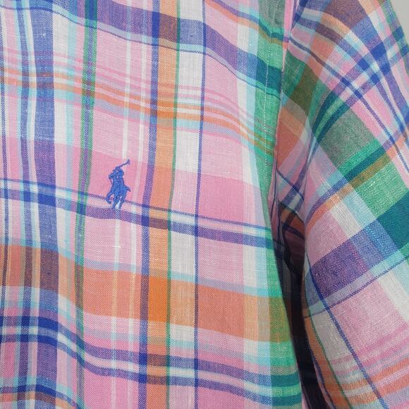 Ralph Lauren Mens L Linen Madras Plaid Short Sleeve Button Down Shirt - Picture 9 of 9